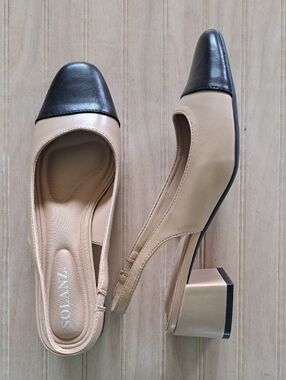 NWOT Solanz Jane Parisian Cap-Toe Slingback Nude Blk Block Heel Classy Chic